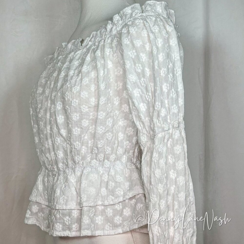 Shein Off Shoulder Floral Ruffle Hem Peplum Crop Top Blouse White - Picture 9 of 10
